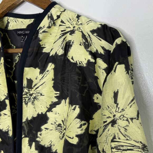 Ming Wang Jacket Womens Large Black Yellow Floral Jacquard Open Front Topper - Picture 2 of 8
